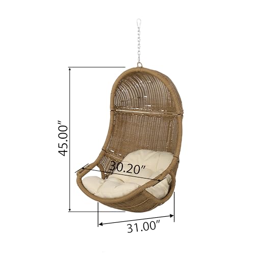 Christopher Knight Home Mariaz Hanging Basket Chair with Cushion, Outdoor Indoor Basket Chair, Boho Garden Rattan Lounger Porch Swing Furniture, Modern Patio Decor, Brown+Beige by Christopher Knight Home - Used condition - Image 4