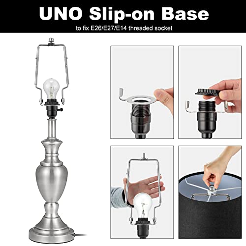 Lamp Harp Kit, 7 8 9 10 inch Adjustable Lamp Shade Holder, Hardware Parts Included Harp Frame and Finials, Standard Saddle, E14 E26 E27 Light Base UNO Fitter Adapter, Lamp Bracket Accessories (Silver)