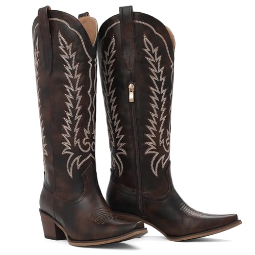 Image of Tscoyuki Cowboy Boots for Women: Embroidered Western Knee High Boots Women - Pointed Toe Chunky Heel Cowgirl Tall Boots