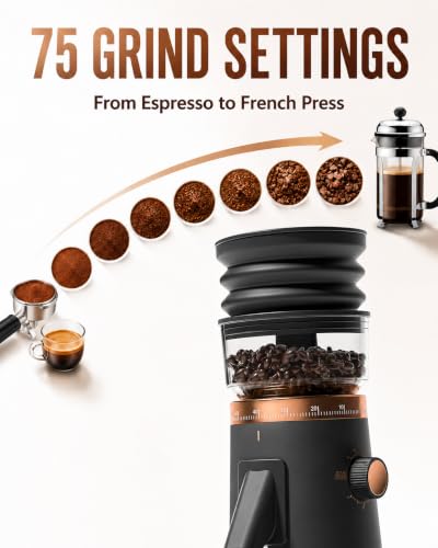 Image of AMZCHEF Single Dose Burr Grinder, 75 Settings, Quiet DC Motor, Oro Rosa | 40mm Burr, <0.2g Retention, 5-60s Timer, Magnetic Outlet, Vacuum Storage Cup, LED Light, Espresso, Pour-Over & French Press