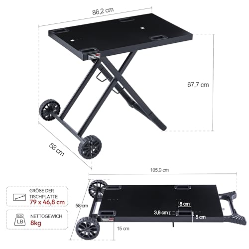 Royal Gourmet Grilltisch Klappbar Grillwagen für Gasgrill, Outdoor Grillständer für Tischgrill, Faltbarer Rollwagen mit Haken, Klapptisch zum Gasgrill GT2005-G Schwarz