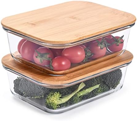 Glass Food Storage Containers with Bamboo Lids (Pack of 2) – Stackable Meal Prep Container – Airtight Glass Food Containers with Lids – Microwave, Dishwasher Safe – Reusable Glass Lunch Pack – 36 Oz