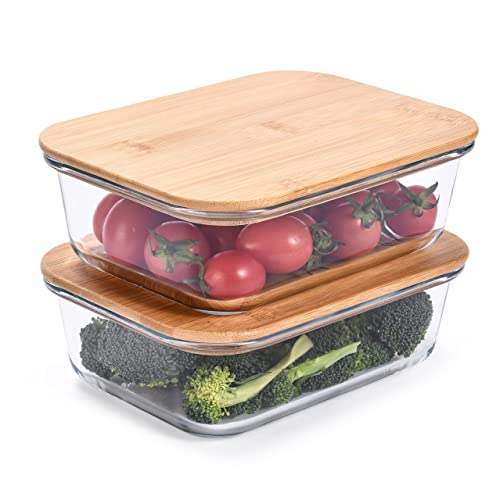 Glass Food Storage Containers With Bamboo Lids (Pack Of 2) - Stackable Meal Prep Container - Airtight Glass Food Containers With Lids - Microwave, Dishwasher Safe - Reusable Glass Lunch Pack - 36 Oz #TOP19