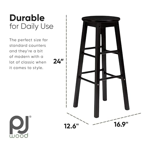 Image of PJ Wood Classic Round Seat 24 Inch Tall Kitchen Counter Stools for Homes, Dining Spaces, and Bars with Backless Seats, Square Legs, Black, Set of 2