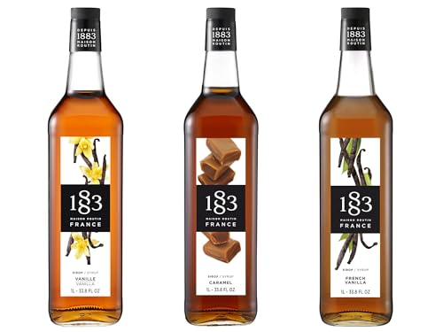 Image of 1883 Vanilla, Caramel, French Vanilla Syrups (Cafe Variety Pack) for Coffee & Drinks - 1 Liter Glass Bottles (Pack of 3)