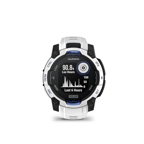 Image of Garmin Instinct 3 - 45 mm, Solar, Rugged Outdoor GPS Smartwatch, Built-in Flashlight, Supernova Collection Limited Edition Color, Whitestone with Whitestone /Bolt Blue Silicone Band