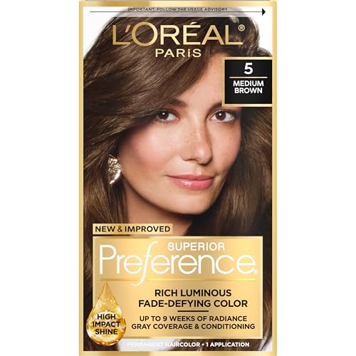 L’Oreal Paris Superior Preference Luminous Fade-Defying Permanent Hair Color, Hair Dye For Up to 9 Weeks of Radiance, Medium Brown 5, 1 Hair Dye Kit
