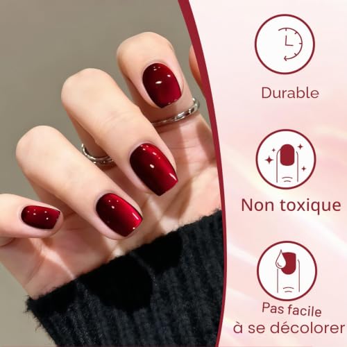 Zosutetoxo 30 pièces ongles Cat Eye courte forme carrée rouge foncé pailleté noir effet chromé ongles en gel souples réutilisables faux ongles – vue 3