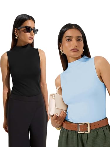 Image of KOTTY Women's Sleeveless High Neck Ribbed Tank Top Combo Pack of 2 Stylish Casual & Office Wear Tops