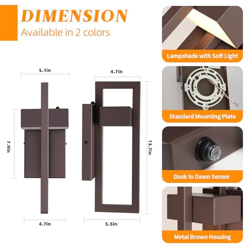 Image of tewei LED Outdoor Wall Sconce Dusk to Dawn Outdoor Lighting, Modern Exterior Lighting Fixtures, Brown LED Front Porch Lights Outside Wall Mount Lights for House, Hallway, Warm White 3000K, 1 Pack