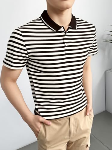 Image of Mack Jonney Men's Striped Cotton Rich Collar Neck T Shirt | Collar Tshirts | Half Sleeves | Striped-Regular Fit-MM485-nw