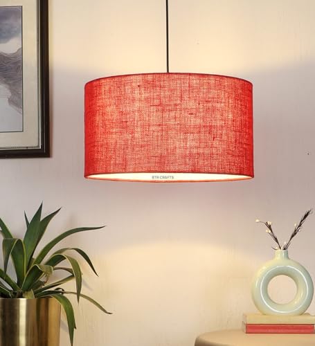 Image of Red Jute Color, Hanging /Pendant Drum Lamp Shade, Decorative Light Lamp for Living Room, Home, Bedroom, Home Decor Lightning /Silver Canopy -: Pack of 1 (16 * 9 Inches)