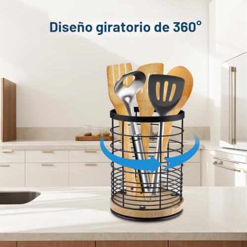 Miniatura 4 de Velicber Giratorio Soporte Para Utensilios De Cocina Redondo Organizador De Utensilios De Acero Inoxidable Con Base De Madera Grande Escurre Cubiertos De Cocina, 13.5 X 13.5 X 18.5 Cm Negro