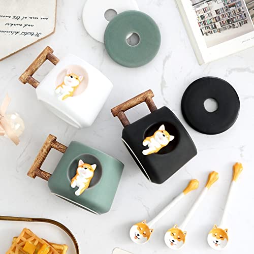 Kubki do kawy kreskówka ceramiczny kubek uroczy 3D Shiba Inu wzór z pokrywką łyżka dziewczyny ulubiony prezent napar mleko herbata para woda pitna kubek do kawy mleka kubek do kawy kubek do kawy mleka (kolor: C)