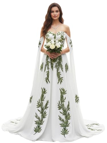 Lanbaodress Cape Sleeves Floral Wedding Dress for Bride 2026 Long Embroidered Chiffon Bridal Gowns White Size 10