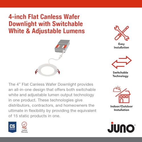 Image of Juno WF4 ALO19 SWW5 90CRI MVOLT MW M6 Canless LED Wafer Downlight, Switchable White 2700K-5000K, Adjustable Lumens, Flat Trim, Matte White, 4-Inch