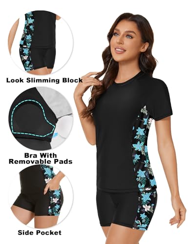 Tournesol Women's Rash Guard 2 Piece Short Sleeve Swim Shirt with Shorts Swimsuit with Bra Bathing Suit Plus Size with Pocket4