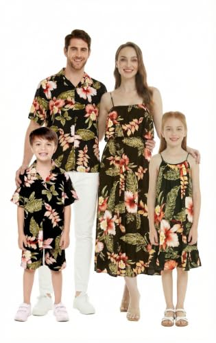 Image of Family Matching Hawaiian Clothes, Black Rafelsia | Lightweight 100% rayon • Family matching outfits • Beach vacations • Luaus • Cruises • Family photos