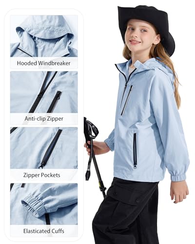 Image of Rolanko Girls Rain Jacket Lightweight Waterproof Hooded Kids Raincoat 6-16 | Kids Windbreaker, Water-Repellent, Sealed Zip Pockets, Reflective Strips, Extended Hood, Outdoor, School Daily, Travel