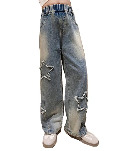 Kids Girls Casual Heart Print Baggy Wide Leg Denim Pants Elastic Waist Casual Jeans