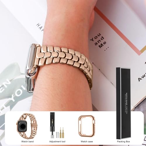 Thin Metal Band Compatible with Apple Watch Band 38mm 40mm 41mm 42mm 44mm 45mm 49mm, Dressy Stainless Steel Chain Strap, Slim Fancy iWatch Band with Case for Women Men
