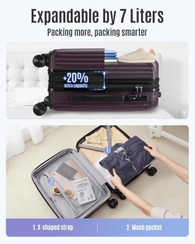 Image of LIGHT FLIGHT Carry On Luggage 22x14x9 Airline Approved, Lilac | Airline Approved, Hard Shell with Wheels, Expandable Hardside, Lightweight, TSA Lock