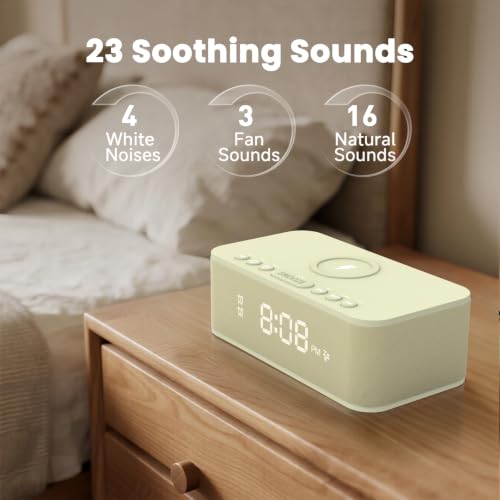 Image of Digital Alarm Clock White Noise, Loud Digital Alarm Clocks Bedrooms, Alarm Clock Speaker Wireless Charger AUX USB Bluetooth Speaker 12 /24H Dual Alarm Snooze Adjustable Brightness, Cream