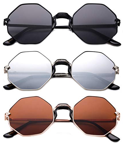 3 Pack Octagon Metal Frame Comfort Plastic Nose Bridge Fashion Sunglasses for Women for Men