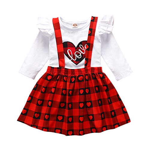 Mulmagni 3m-3Y Conjunto de saia xadrez de manga comprida com estampa de amor, Vermelho, 110