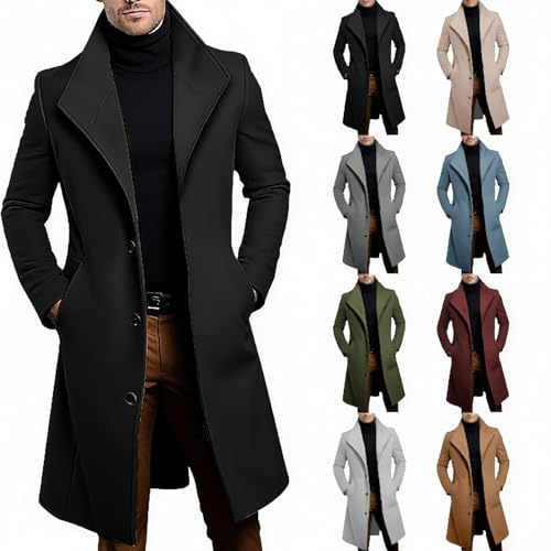 Image of Mens Trench Coat Single Breasted Fall Winter Long Peacoat Casual Big and Tall Warm Soft Lightweight Jacket Clothing