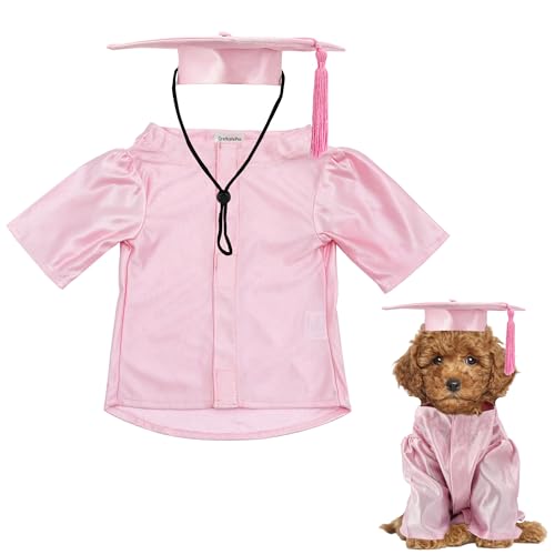GraduatePro Dog Graduation Cap and Gown Costume Set - Adjustable Knit Fabric with Gold Tassel 4 Sizes (S/M/L/XL) for Small Dogs & Cats to Medium Dogs Washable Formal Pet Graduation Attire (Pink)