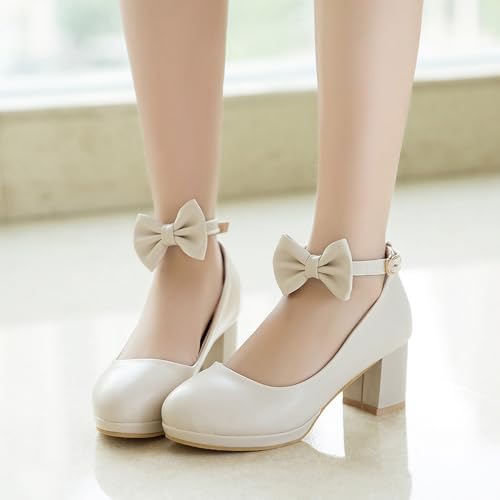 Gicoiz Women Round Toe Comfy Mary Jane Block Heel Pumps Bow4