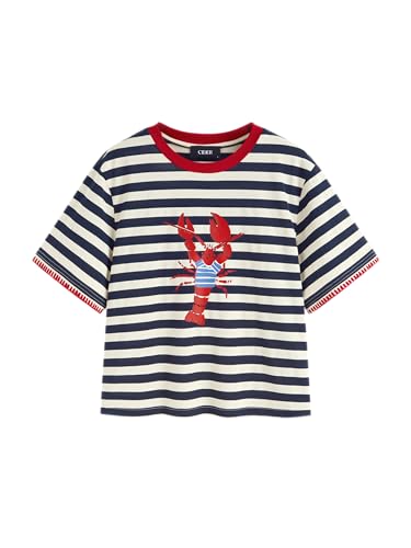 CIDER Women Stripe Crop Boxy Lobster Top Oversized Summer Crew Neck T-Shirt Cotton-Blend Short Sleeve Tee