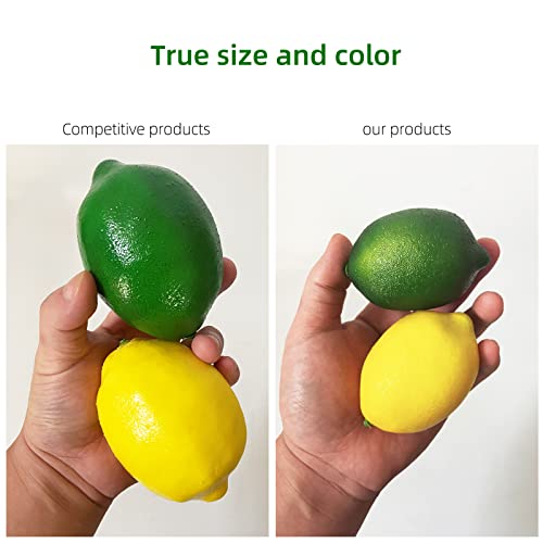 VEOAY Fake Fruit Artificial Lemons 24 Pcs, Faux Lemon Leaves 12 Pcs Lifelike Fake Lemon Decor for Kitchen Table Cabinet Party Plastic Fruits Photography Prop