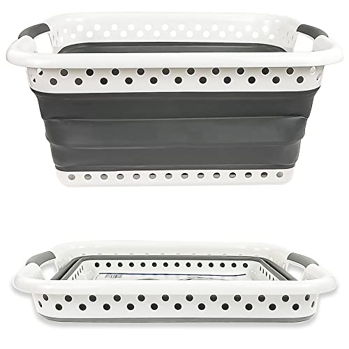 Crystals Large Collapsible Fold Able Laundry Basket Pop Up Clothing Washing Storage For Bedrooms Laundry Room Bathroom (Rectangular) White,grey