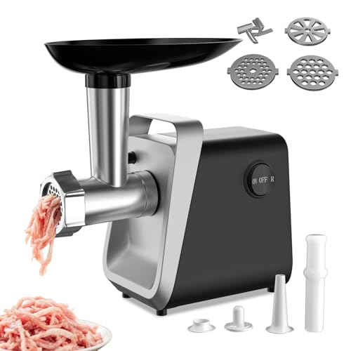 Picadora de Carne 750W, 3 Discos de Corte y Accesorio para Salchichas, Poco Ruido, Protección Contra Sobrecalentamiento, Fácil de limpiar, Doméstico y Comercial, Picadora de Carne Eléctrica