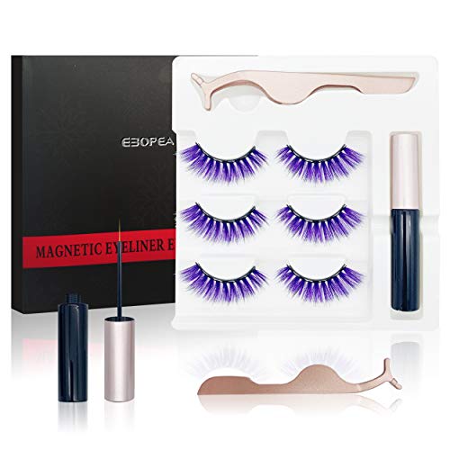 Magnetic Eyelashes and Eyeliner Kit EBOPEA Magnetic Eyeliner & Lash Kit - 3P airs Colorful False Lashes with 1 Eyeliner and Tweezer- for Party Cosplay Dating Wedding Halloween