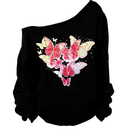 Image of MAGICMK Woman's Sweatershirt Lips Print Causal Blouse Off The Shoulder Long Sleeve Loose Slouchy Pullover Plus Size Tops