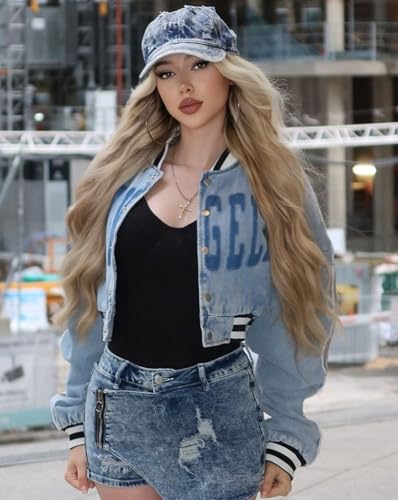 ksotutm Women's Cropped Varsity Jacket Letterman Baseball Jacket Fall Causal Coat Plus Size Jacket4