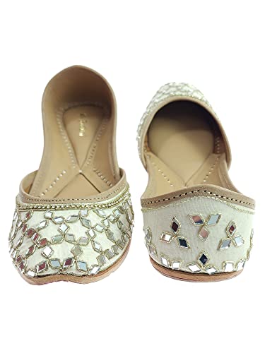 Image of Fulkari Women's Mirror Genuine Soft Leather Juttis | Bite and Pinch Free Jutis | Ladies Punjabi Jutti | Wedding Flat Stylish Mojari | Phulkari Ethnic Flats For Girls |