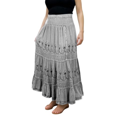 Agan Traders Women's 2025 Summer Peasant High Elastic Waistband Flared Gypsy Long Embroidered Maxi Skirt2