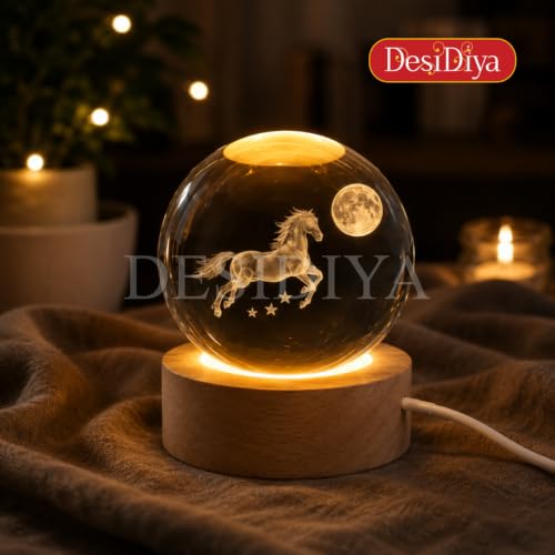 Image of Desidiya 3D Crystal Moon with Horse Night Light | Engraved Crystal Ball LED Night Light with Wooden Base, USB Powered | Romantic Home Decor & Valentine's Day Gift for Her, Him & Couples (Warm White)