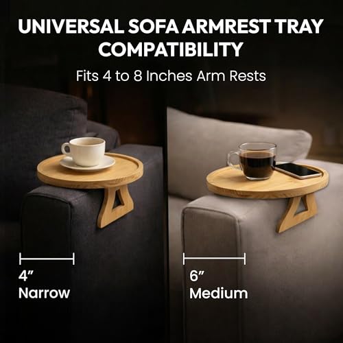 Image of Questsole Home Pack of 2 Round Sofa Armrest Tray - 10 Inch Bamboo Clip-On Couch Table for Coffee, Snacks, Remote & Phone with Adjustable Arm Clamp
