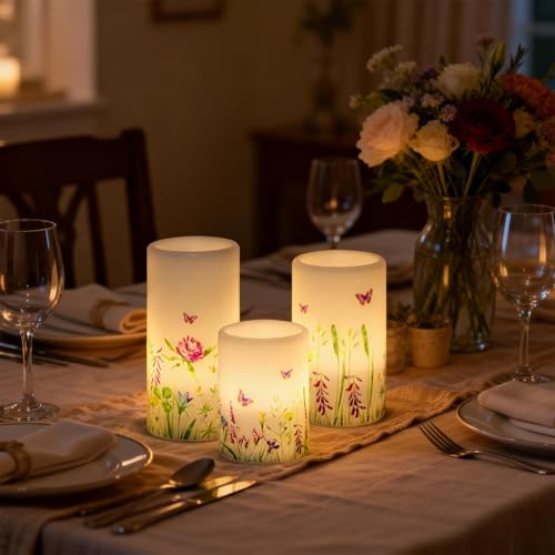 Image of Butterfly Spring Flameless Candles with 6 Hour Timer Real Wax Battery Operated LED Flickering Pillar Candles Dinner Holiday Home Decor(3 Pack, 3 inch D x 4 inch, 5 inch, 6 inch H)