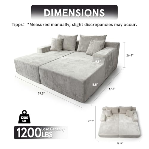 Image of SYTOPIA Loveseat Chaise Lounge with Armrests, Oversized Sofa Bed with 4 Pillows, Cozy Boneless Sleeper, Modular Sectional Couch for Living Room Bedroom, Floor Chair Furniture sala Chenille, Urban Grey