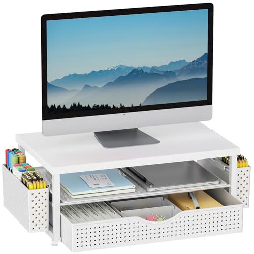gianotter Wood Monitor Stand Riser, Office Desk Shelf Organizer, Desk Organizer with Drawer and Pen Holder, 2-Tier Computer Stand, Office Organization (Matte White)