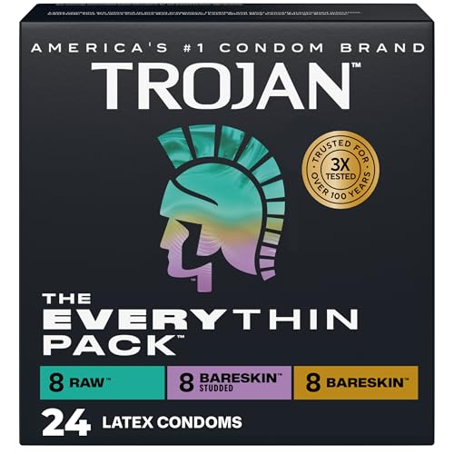 Trojan The Everythin Pack, Assorted Latex Lubricated Thin Condoms Variety Pack, Raw, Bareskin, Bareskin Studded, Premium Latex to Help Reduce Risk of Pregnancy and STIs, 24 Count