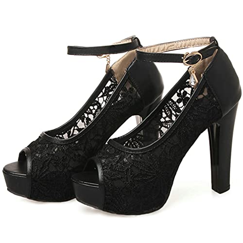 Agodor Women's Lace Wedding Shoes Platform Peep Toe Pumps Ankle Strap Block High Heel Sandals2