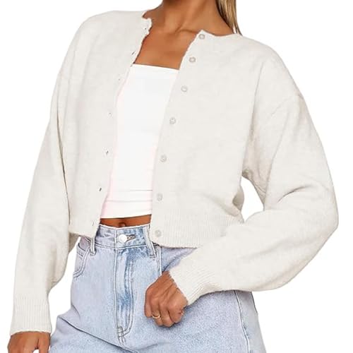 Image of Muineobuka Women Knit Cropped Cardigan Tops Long Sleeve Button Down Lightweight Bolero Sweater Tops White, X-Large