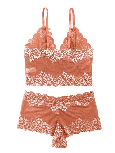 Image of Lilosy Sexy Lingerie for Women Lace Pajamas Set Cami Bra and Panty High Waist Sheer Sleepwear 2 Piece 2XS-6XL
